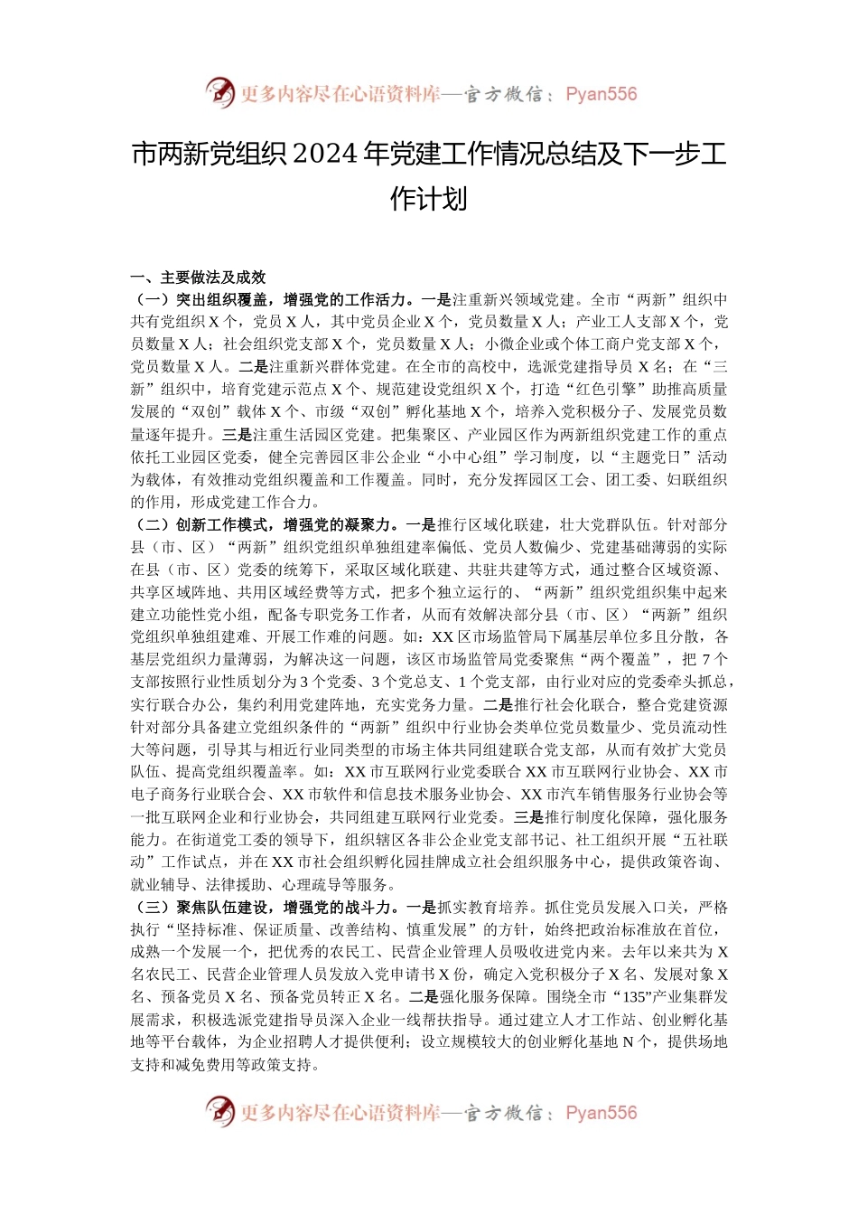 市两新党组织2024年党建工作情况总结及下一步工作计划.docx_第1页