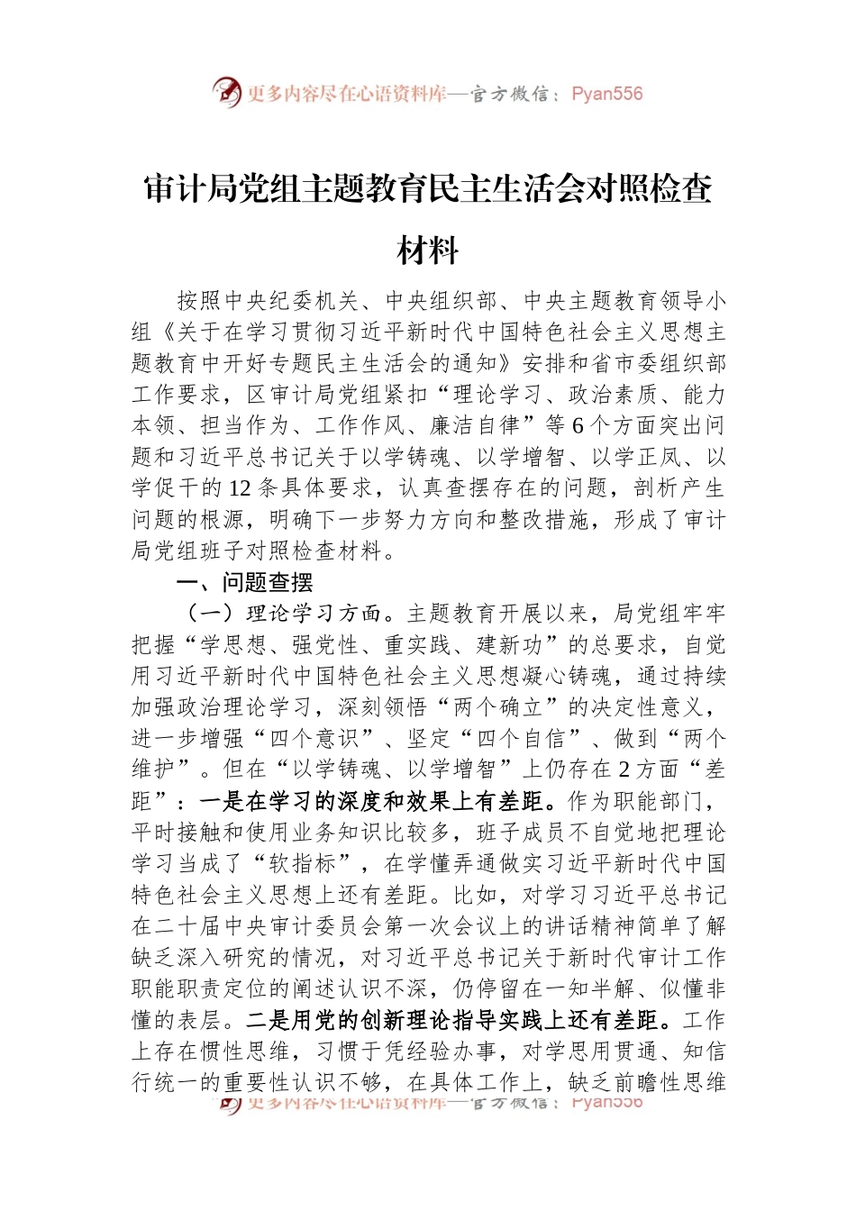 审计局党组主题教育民主生活会对照检查材料.docx_第1页