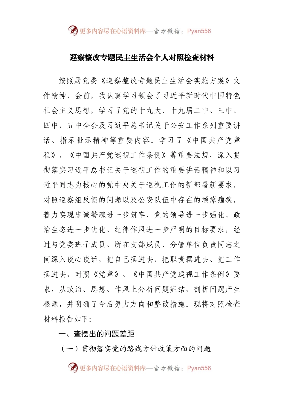 巡察整改专题民主生活会领导个人对照检查材料.docx_第1页