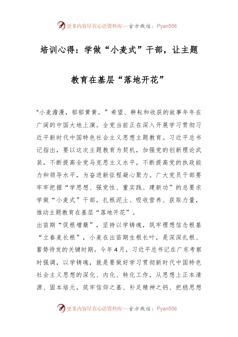 培训心得：学做“小麦式”干部，让主题教育在基层“落地开花”.docx_第1页