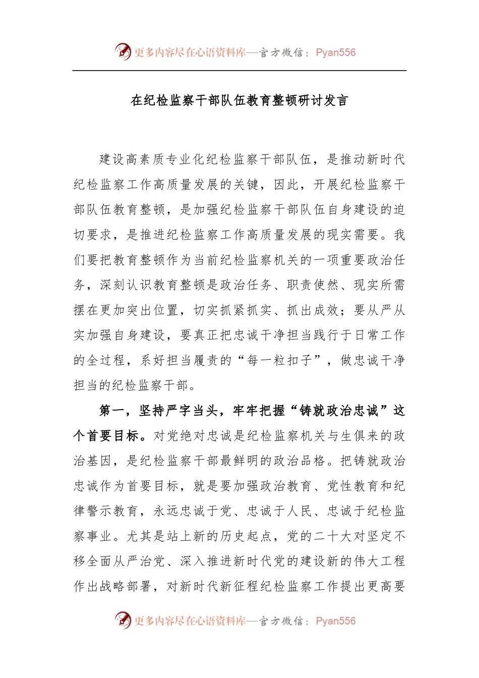 在纪检监察干部队伍教育整顿研讨发言.docx_第1页