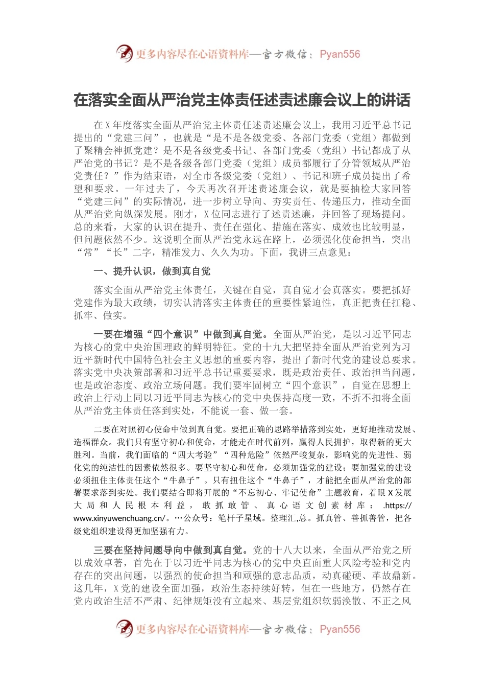 在落实全面从严治党主体责任述责述廉会议上的讲话.docx_第1页