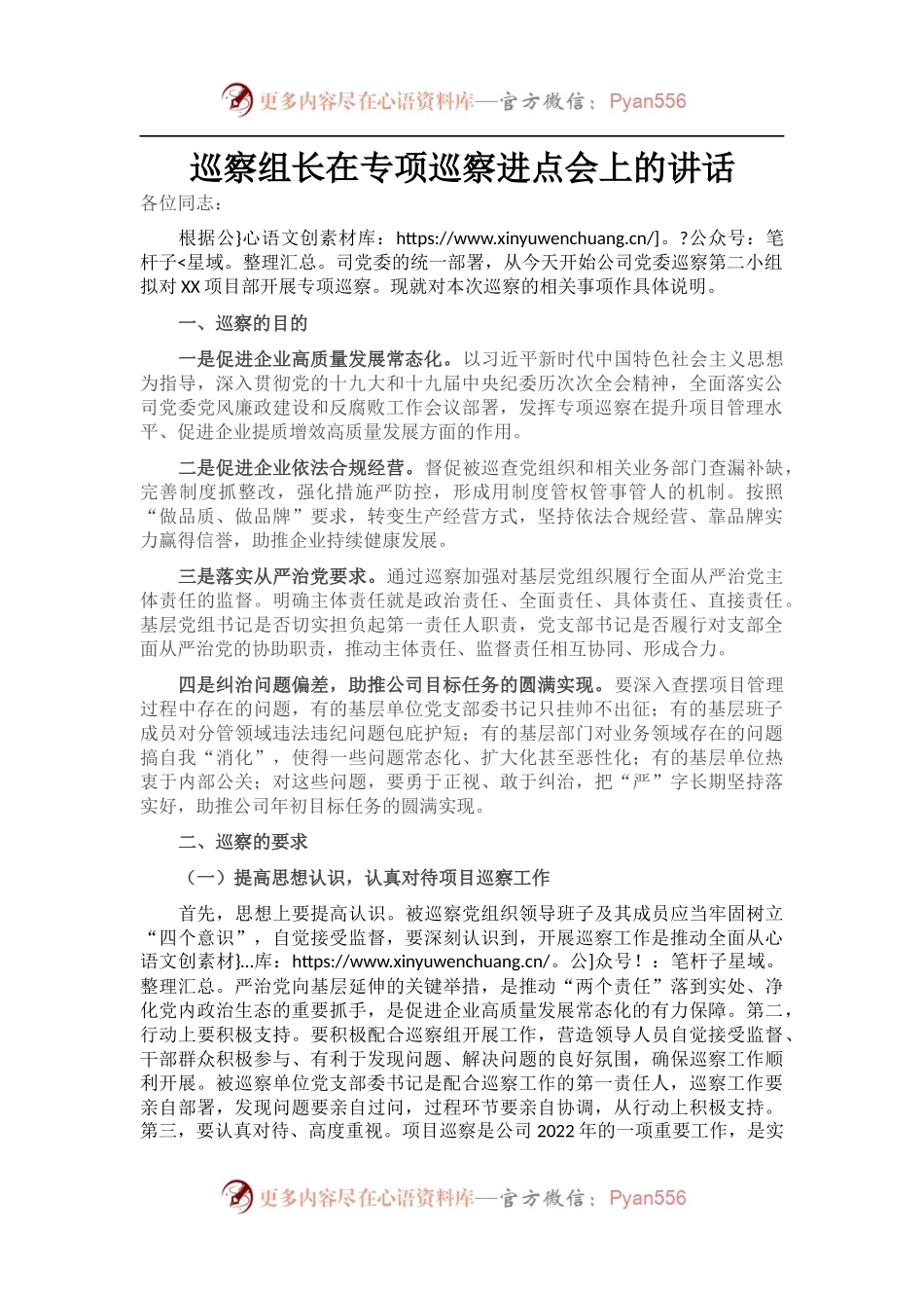 巡察组长在专项巡察进点会上的讲话.docx_第1页