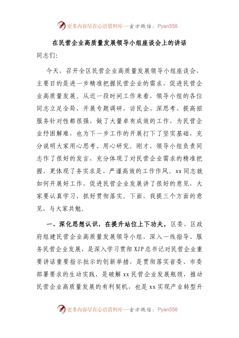 在民营企业高质量发展领导小组座谈会上的讲话.docx_第1页