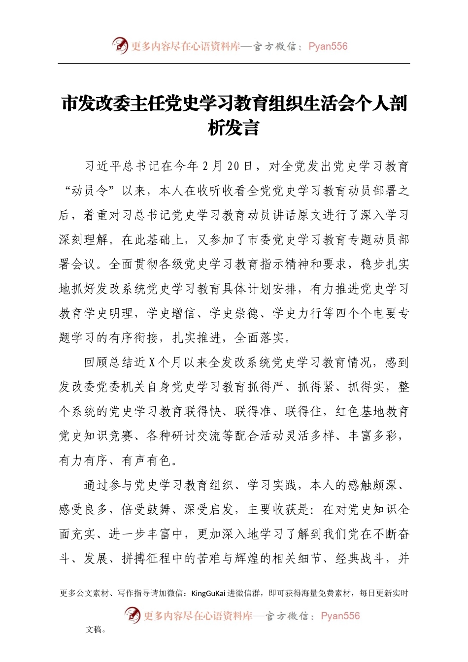 市发改委主任党史学习教育组织生活会个人剖析发言.docx_第1页