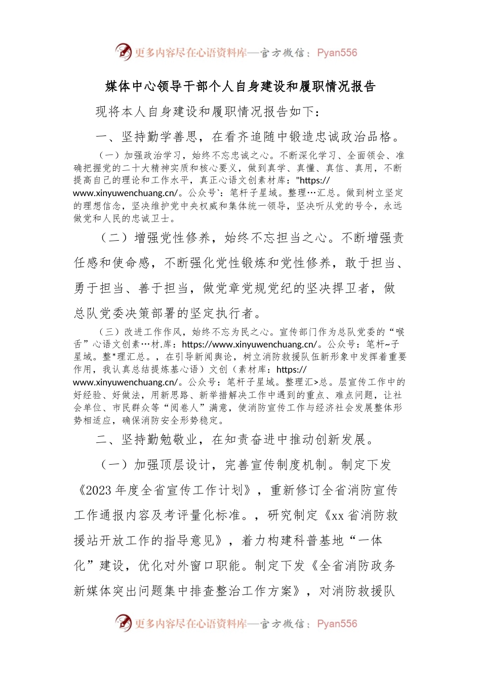 媒体中心领导干部个人自身建设和履职情况报告.docx_第1页