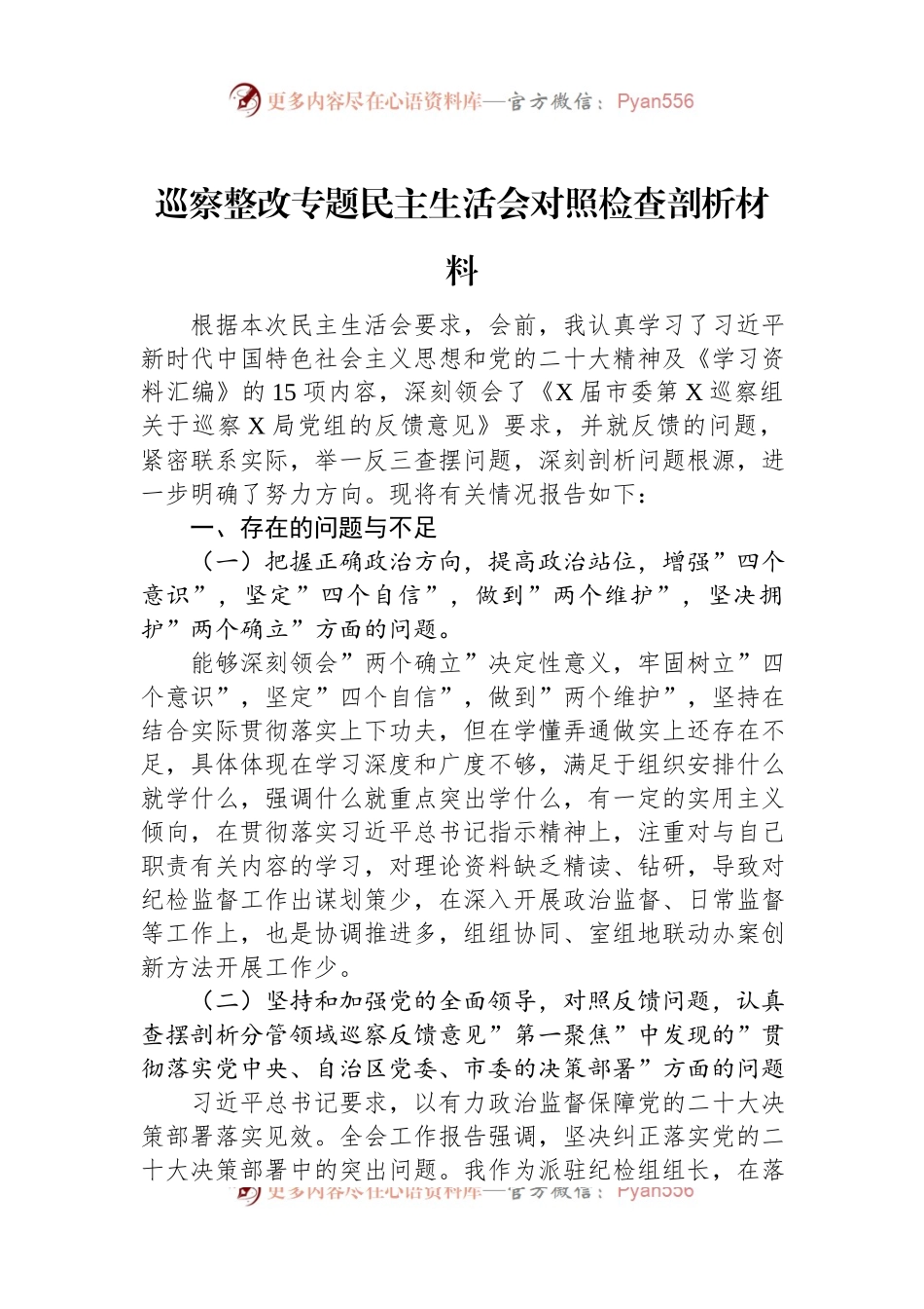 巡察整改专题民主生活会对照检查剖析材料.docx_第1页