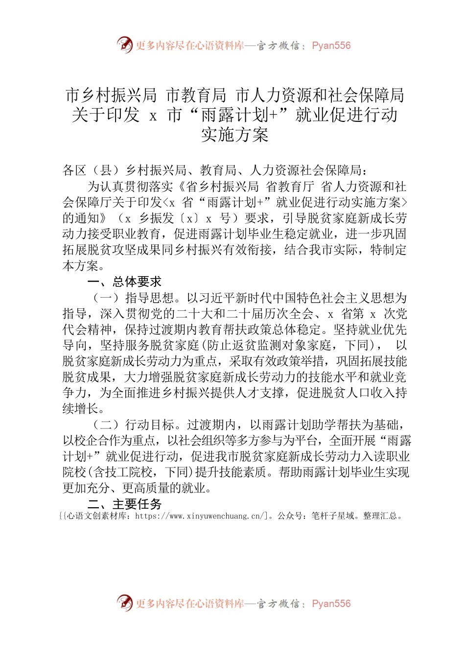 市乡村振兴局 市教育局 市人力资源和社会保障局关于印发市“雨露计划”就业促进行动实施方案.docx_第1页