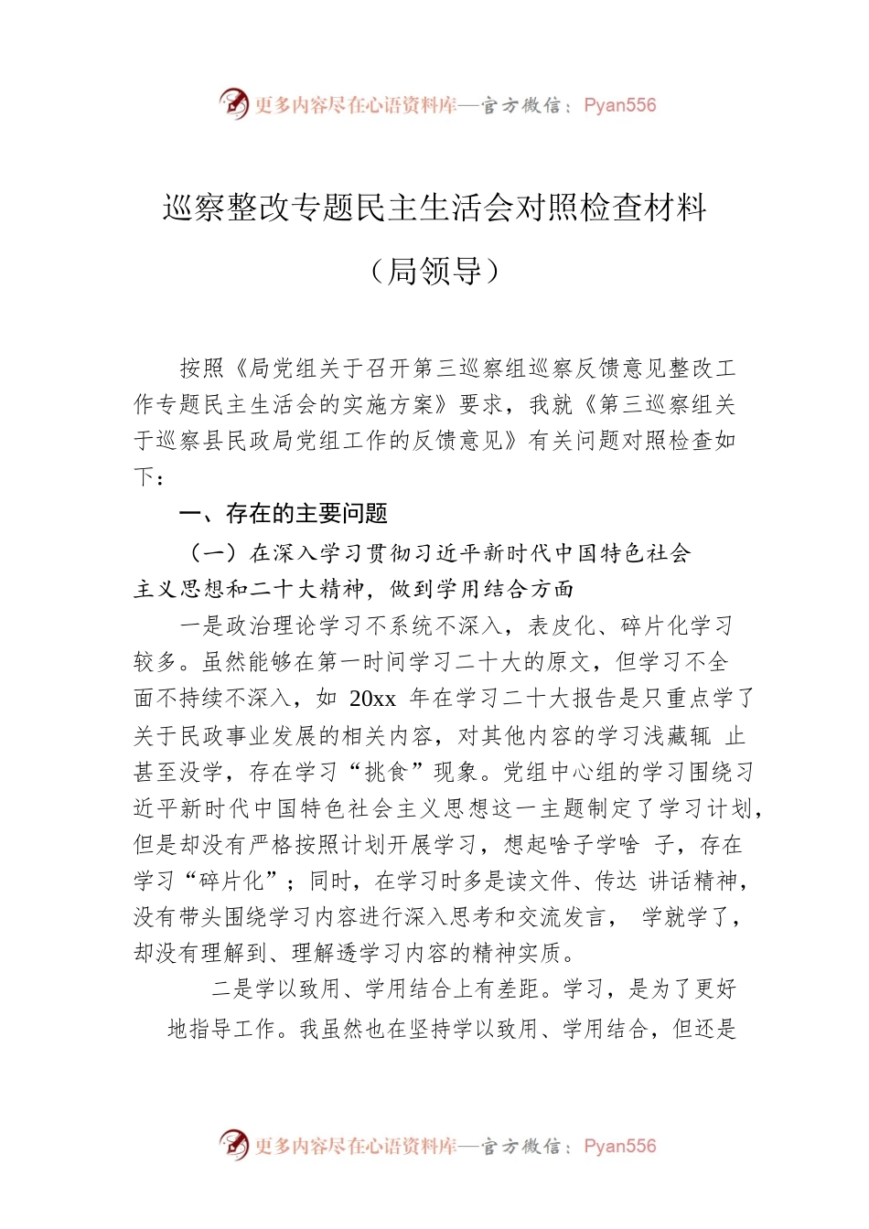巡察整改专题民主生活会对照检查材料（局领导）.docx_第1页