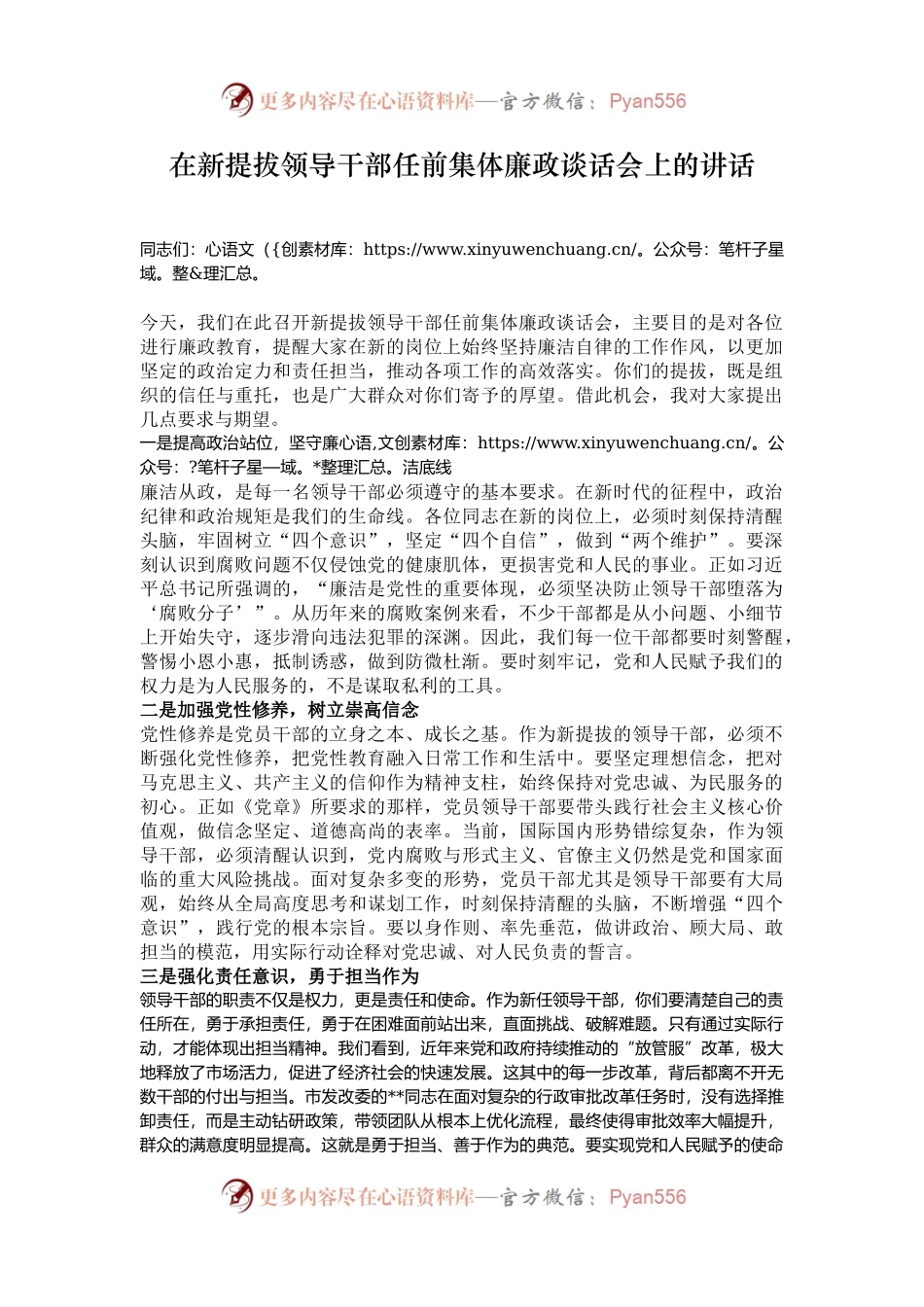 在新提拔领导干部任前集体廉政谈话会上的讲话.docx_第1页
