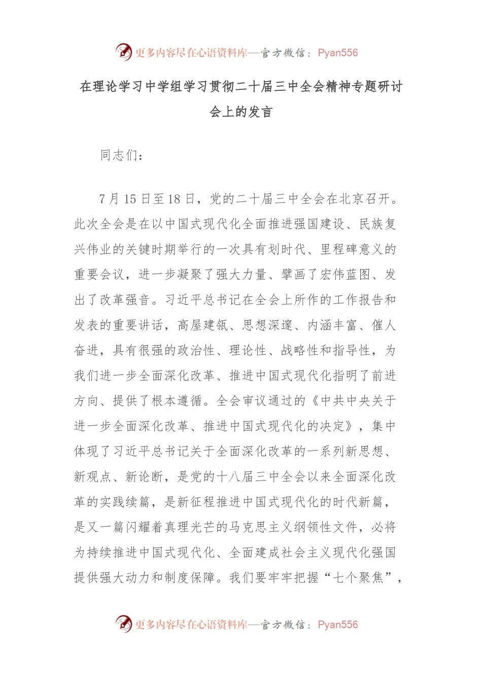 在理论学习中学组学习贯彻二 十届三 中全会精神专题研讨会上的发言.docx_第1页
