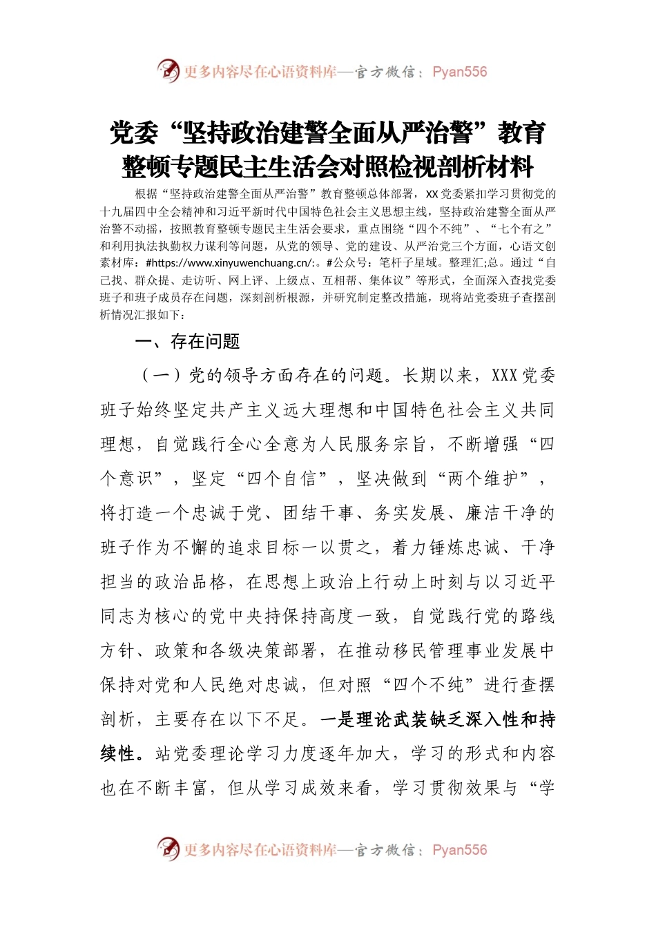 坚持政治建警全面从严治警教育整顿党委班子专题民主生活会对照检视剖析材料.docx_第1页