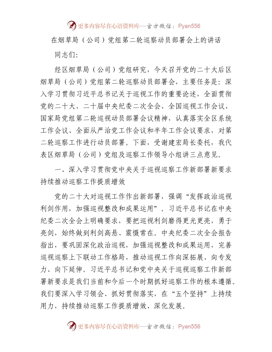 在烟草系统巡察动员部署会上的讲话.docx_第1页