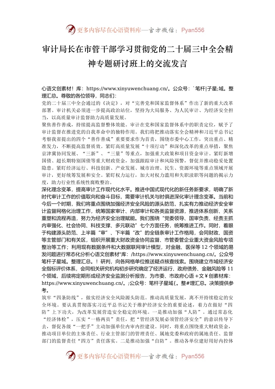 审计局长在市管干部学习贯彻党的二十届三中全会精神专题研讨班上的交流发言.docx_第1页