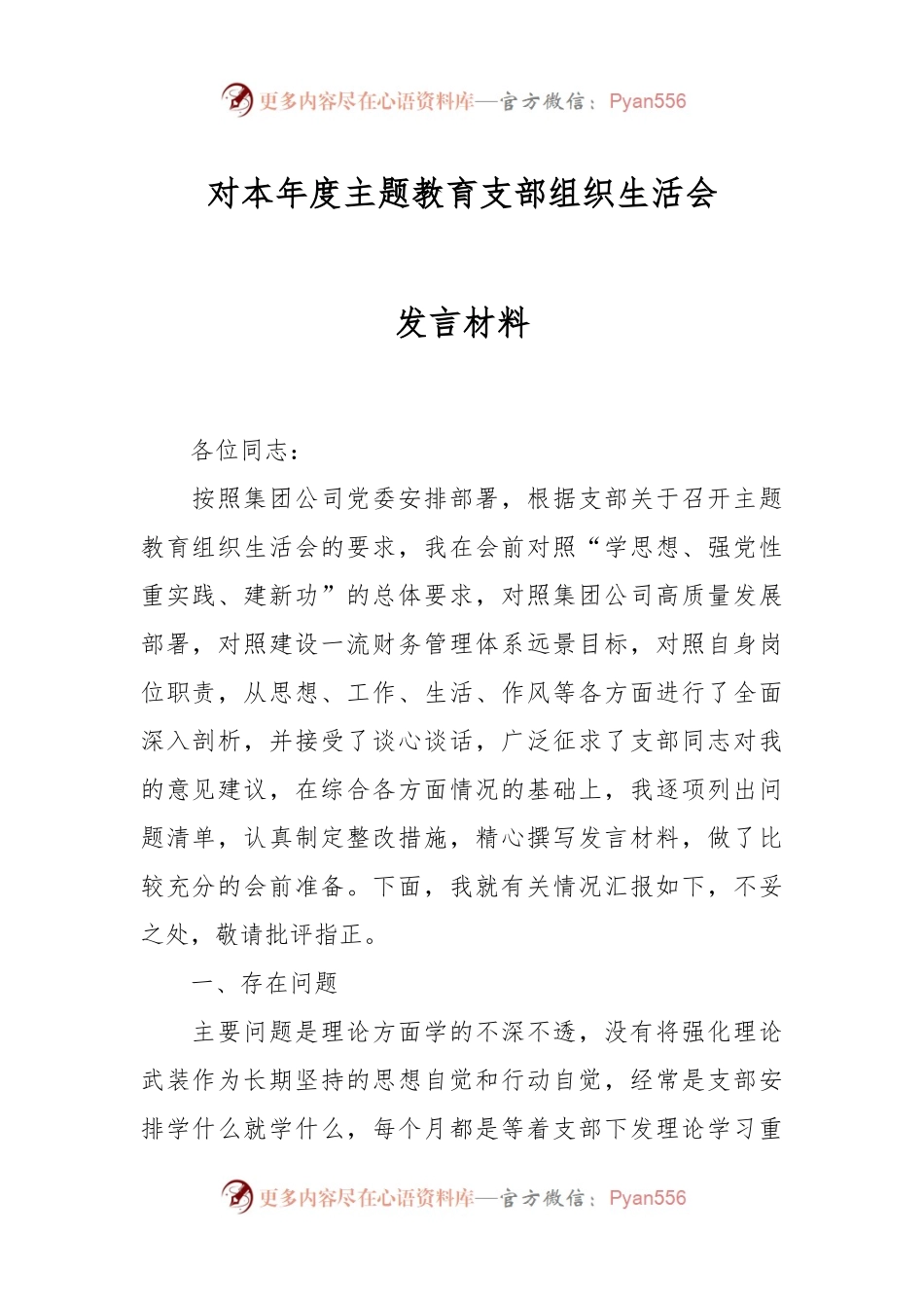 对本年度主题教育支部组织生活会发言材料.docx_第1页