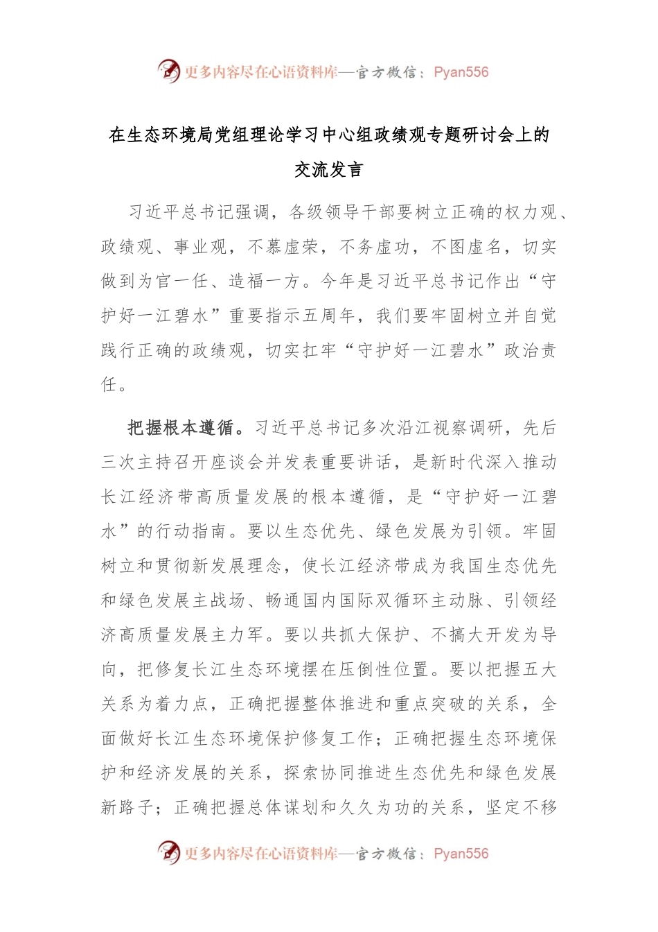 在生态环境局党组理论学习中心组政绩观专题研讨会上的交流发言稿.docx_第1页
