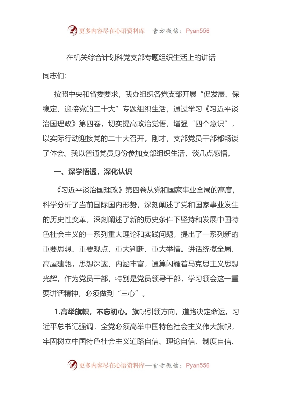 在机关综合计划科党支部专题组织生活上的讲话.docx_第1页