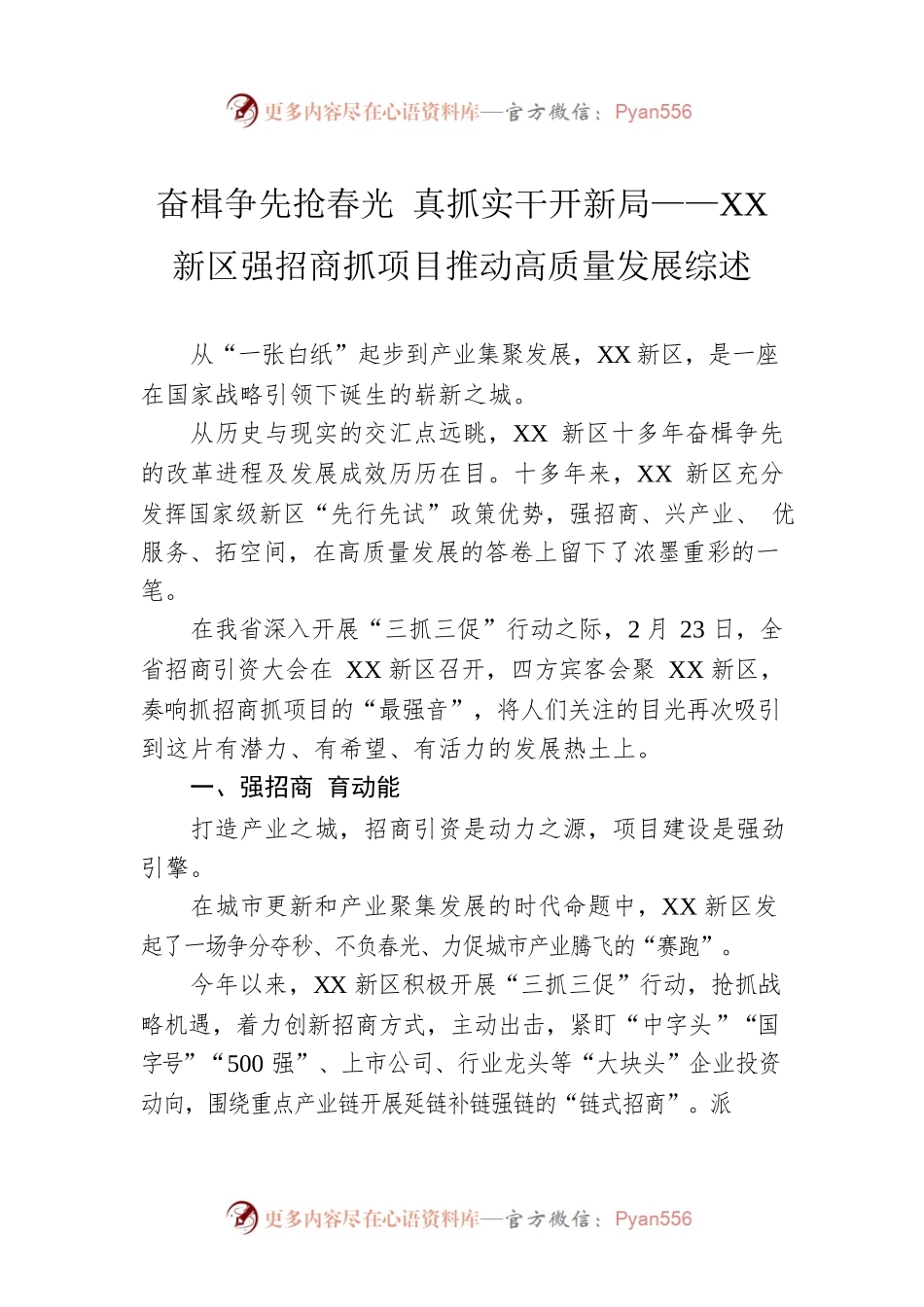 奋楫争先抢春光 真抓实干开新局——XX新区强招商抓项目推动高质量发展综述（20230224）.docx_第1页