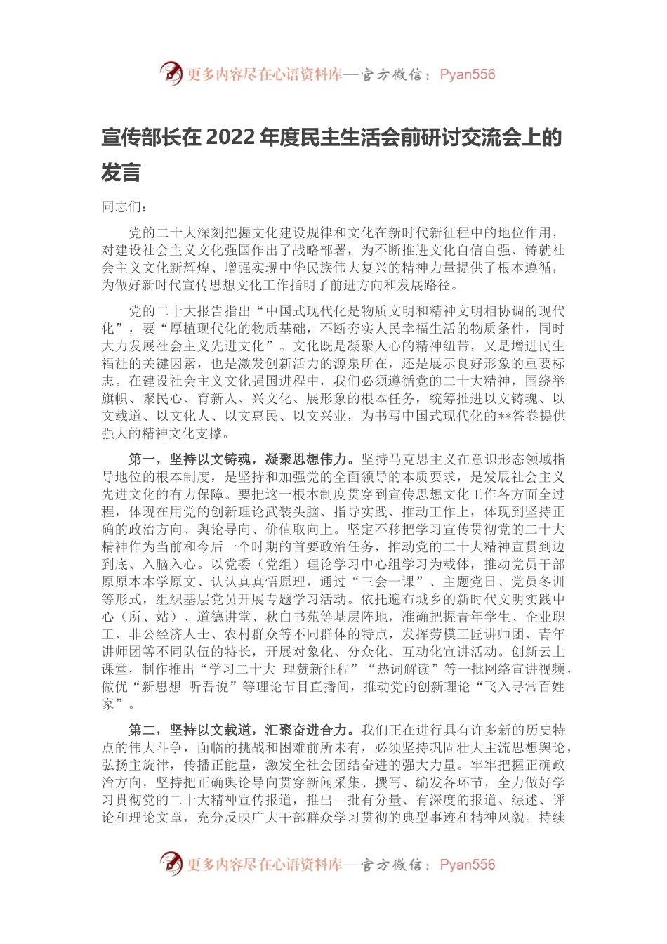 宣传部长在2022年度民主生活会前研讨交流会上的发言.docx_第1页