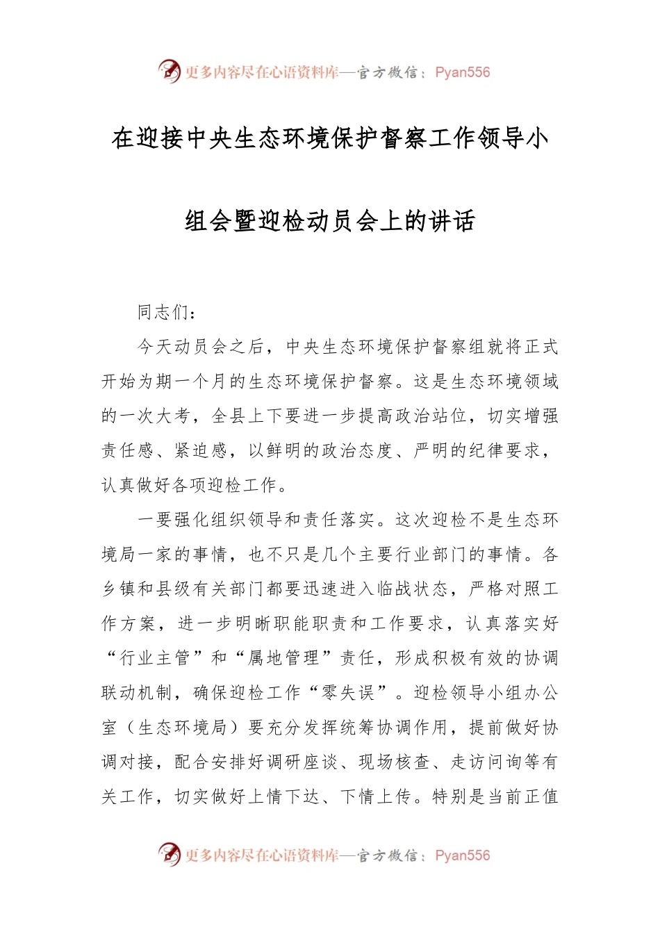 在迎接中央生态环境保护督察工作领导小组会暨迎检动员会上的讲话.docx_第1页