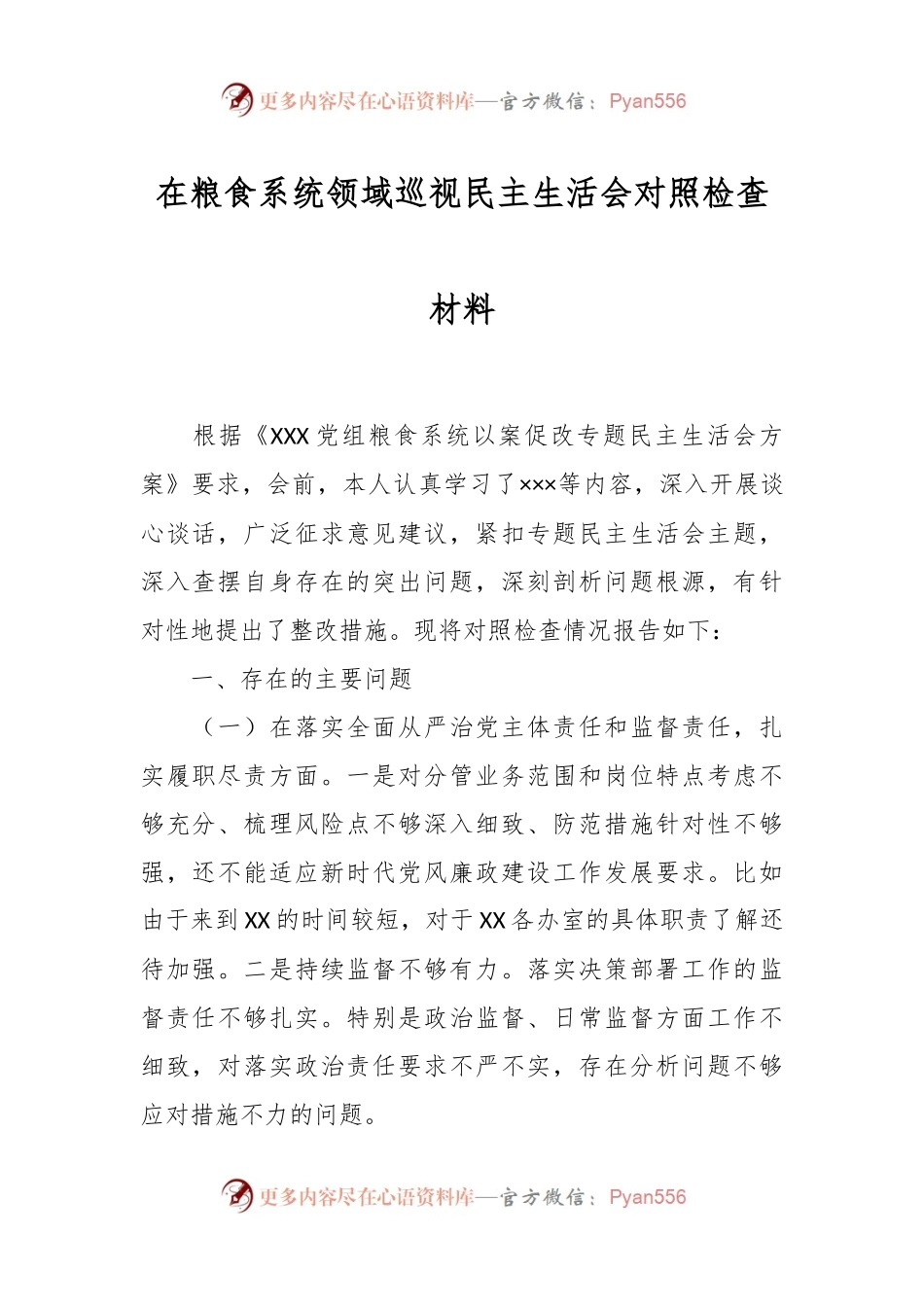 在粮食系统领域巡视民主生活会对照检查材料.docx_第1页