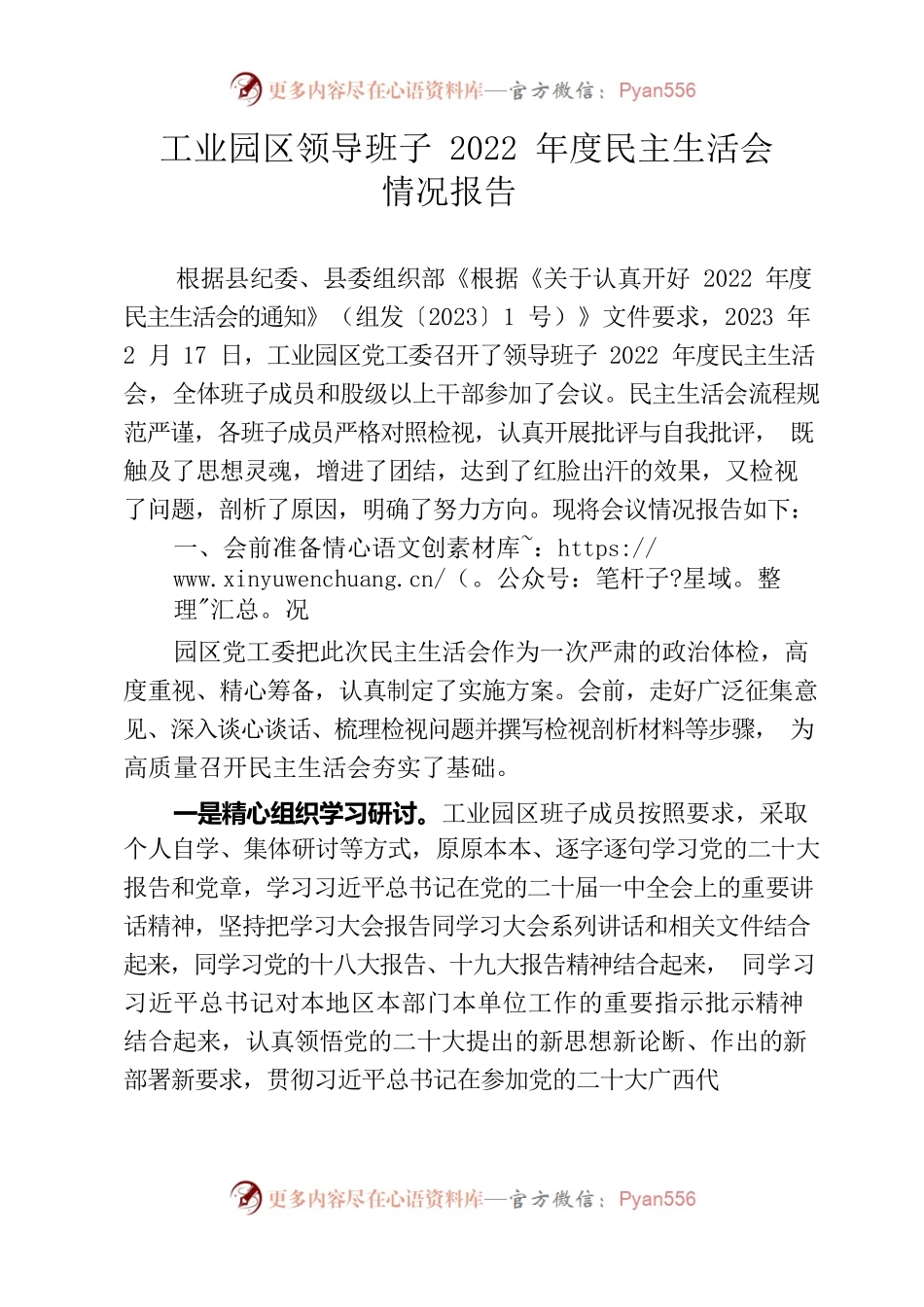 工业园区领导班子2022年度民主生活会情况报告.docx_第1页