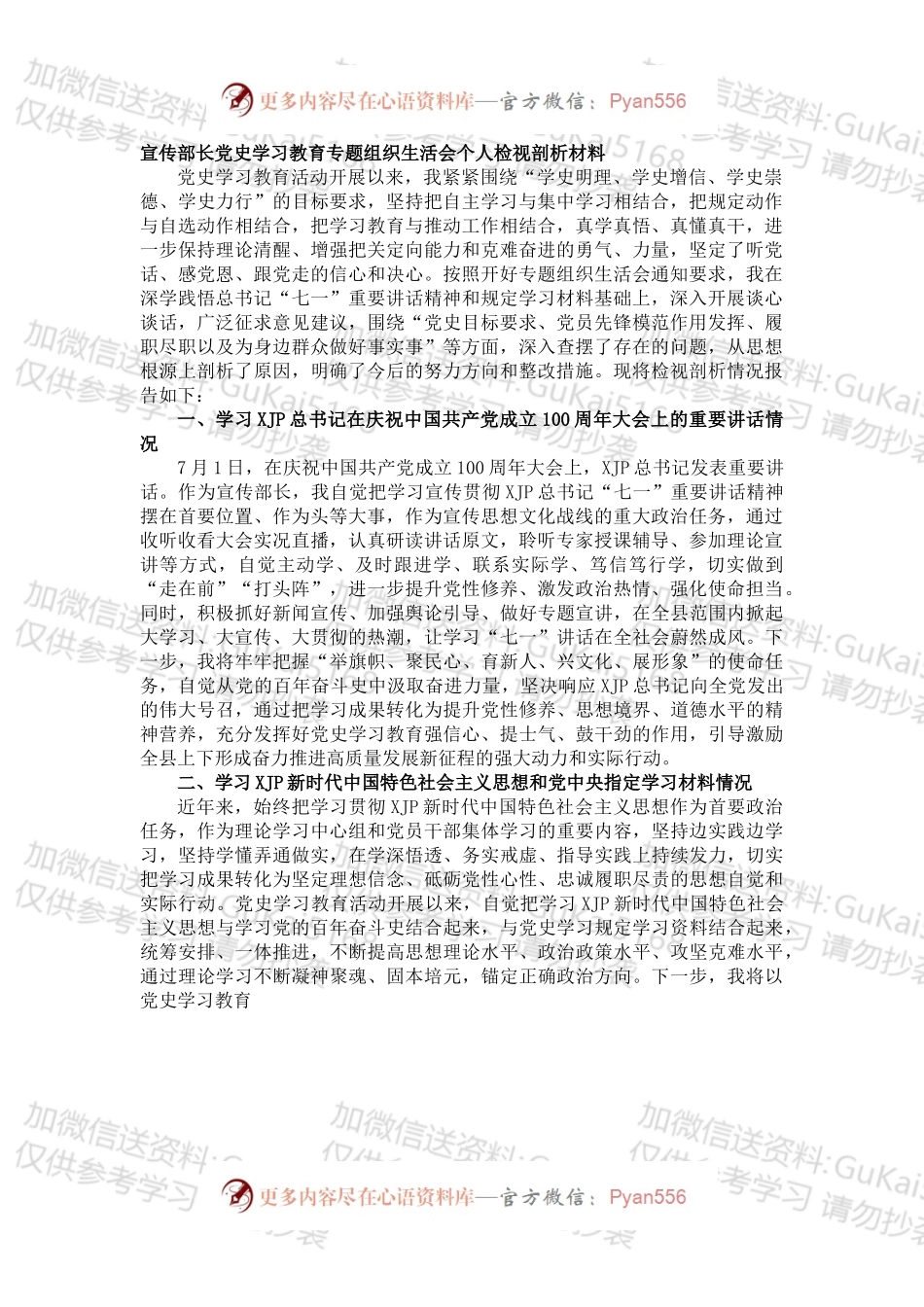 宣传部长党史学习教育专题组织生活会个人检视剖析材料.docx_第1页
