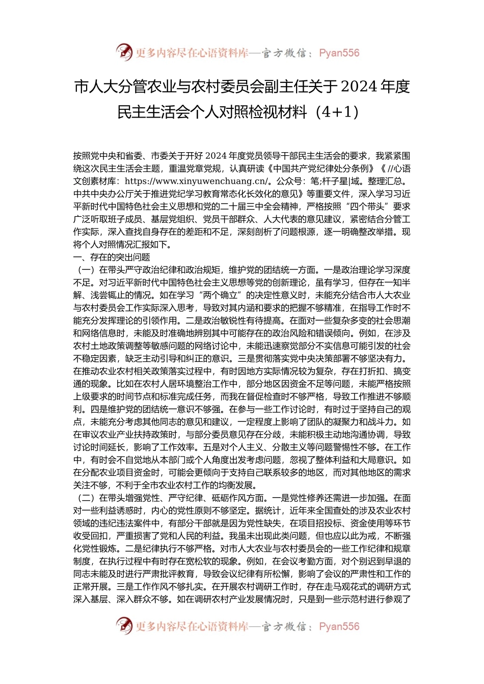 市人大分管农业与农村委员会副主任关于2024年度民主生活会个人对照检视材料（4+1）.docx_第1页
