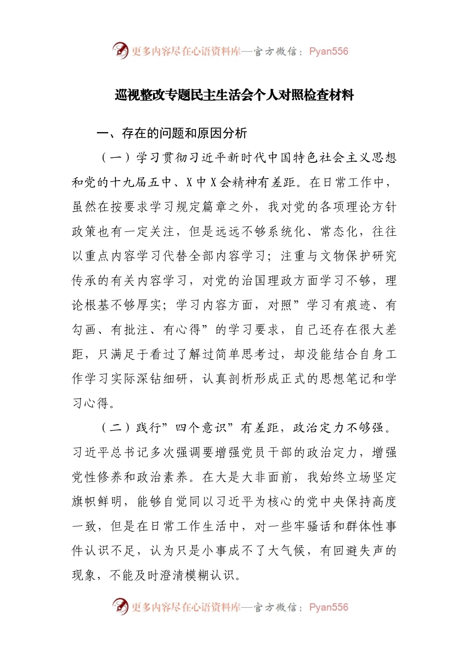 巡视整改专题民主生活会个人对照检查材料(002).docx_第1页
