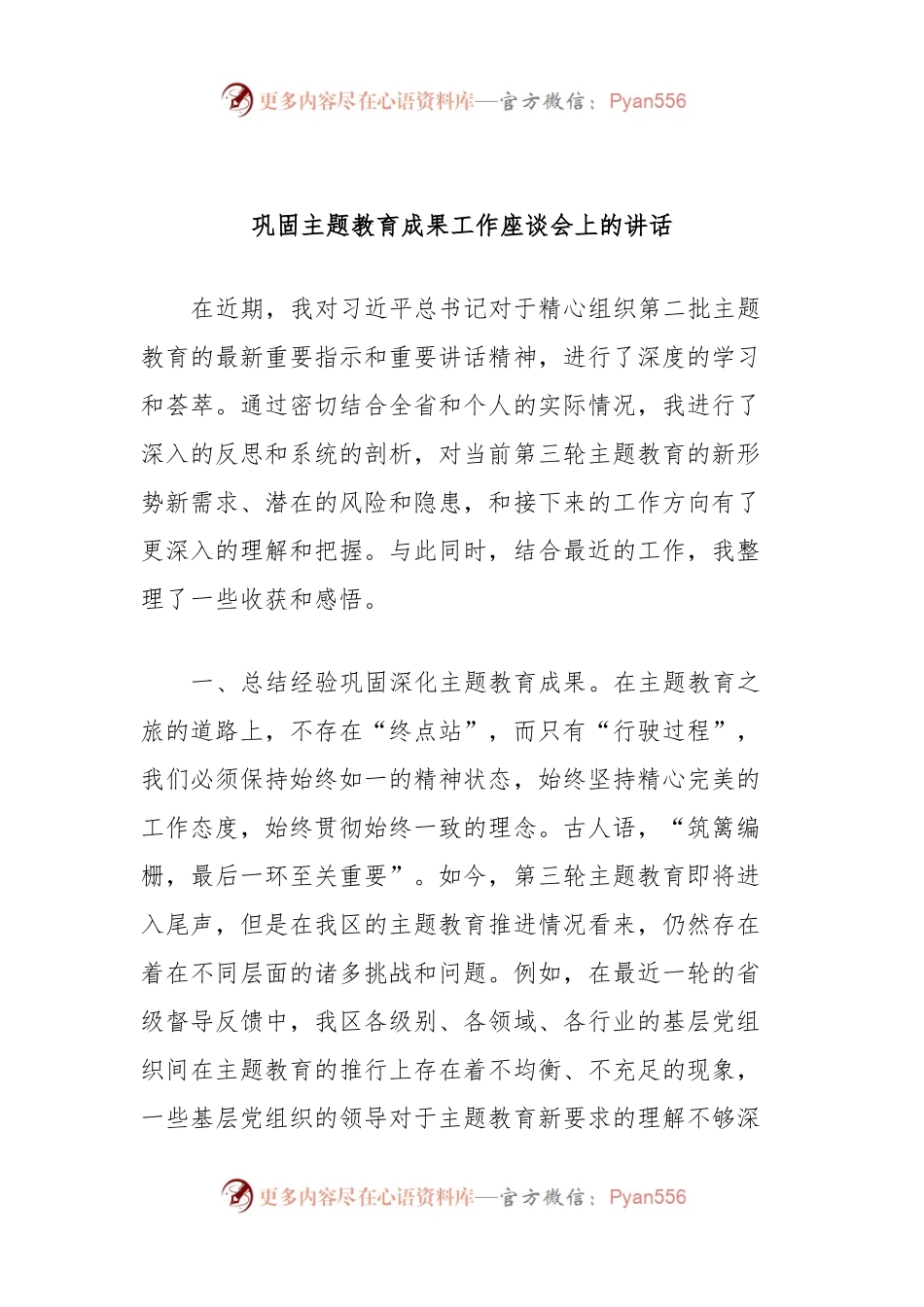 巩固主题教育成果工作座谈会上的讲话稿.docx_第1页