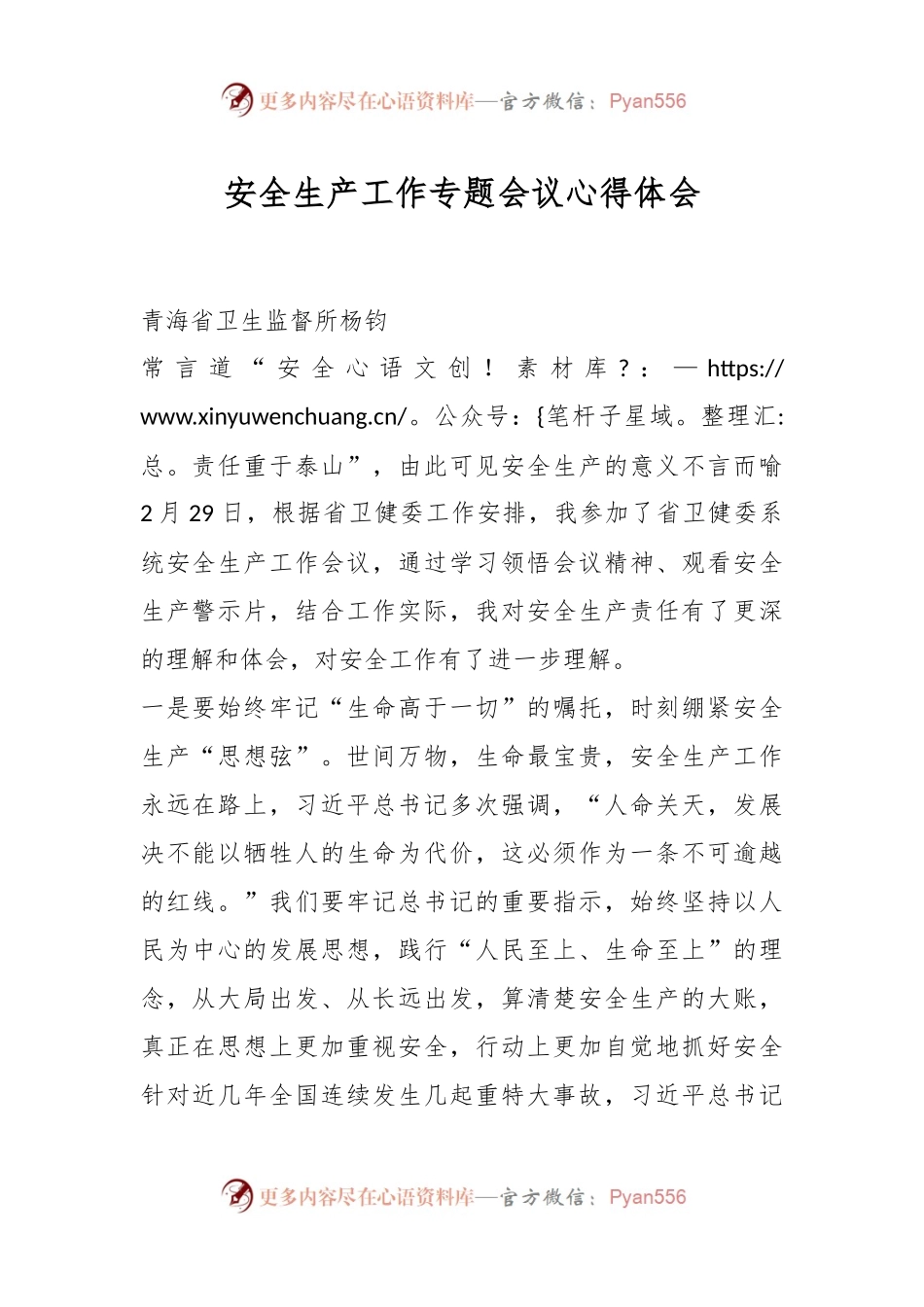 安全生产工作专题会议心得体会.docx_第1页