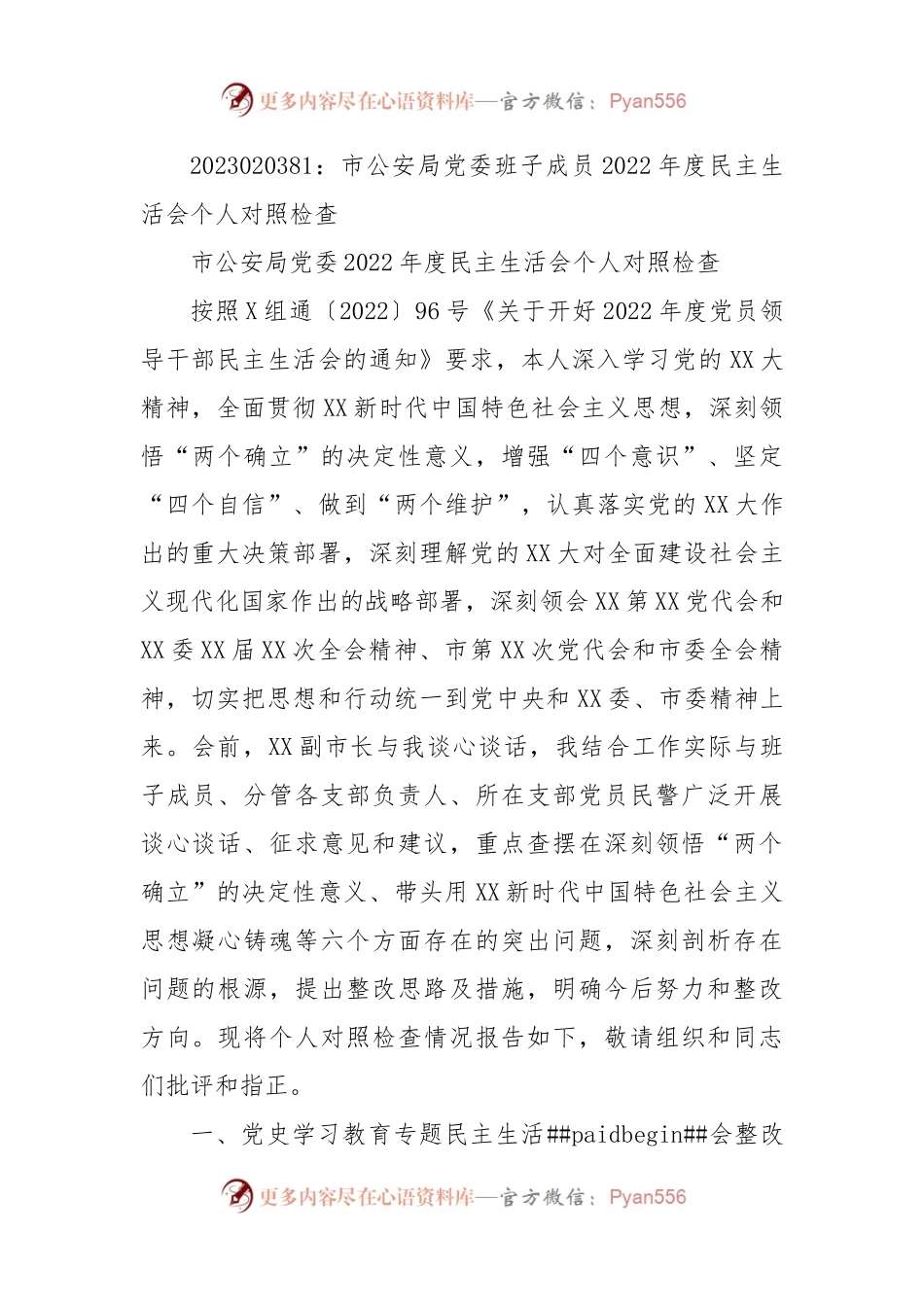 市公安局党委班子成员2022年度民主生活会个人对照检查（二）.docx_第1页