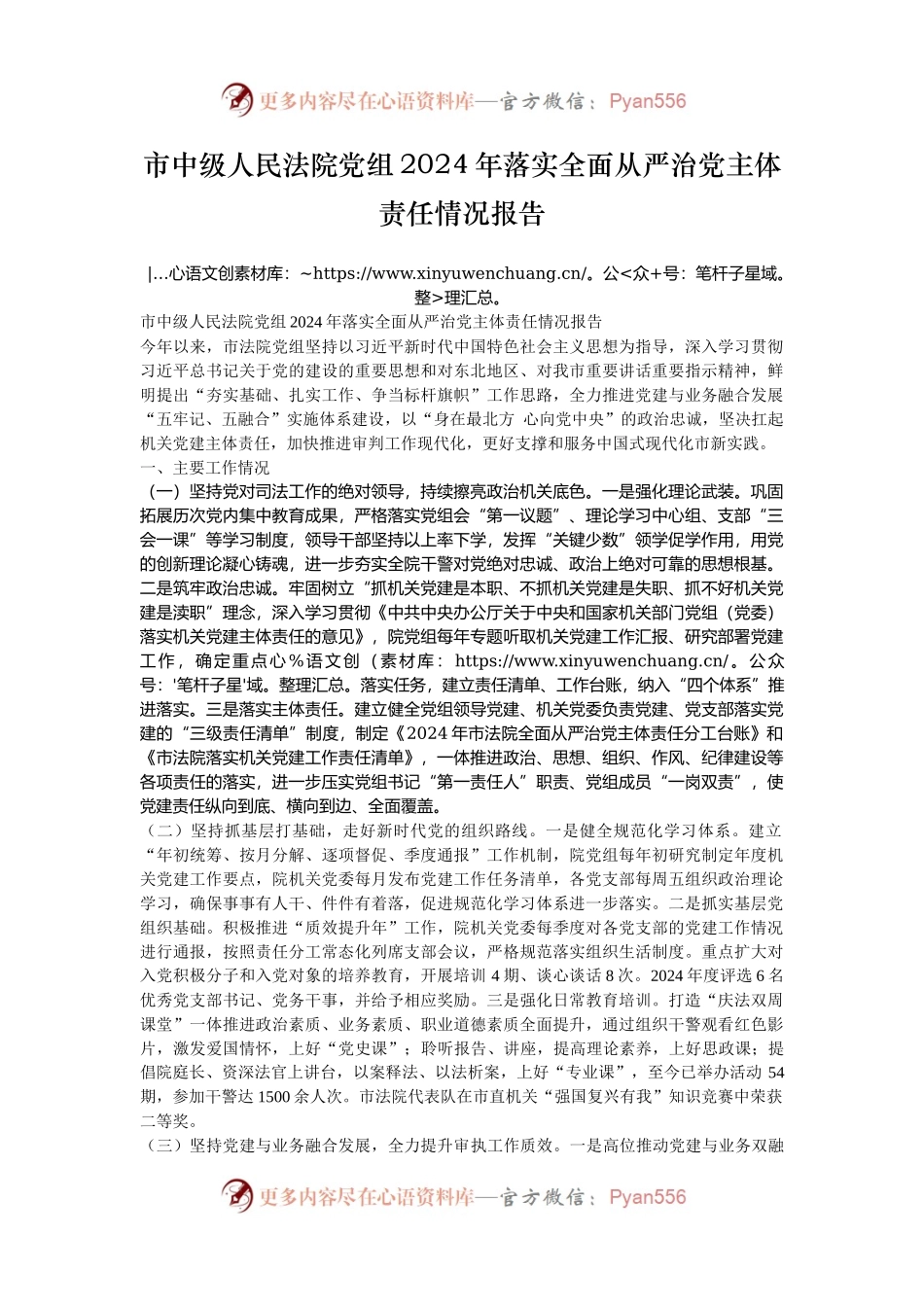 市中级人民法院党组2024年落实全面从严治党主体责任情况报告.docx_第1页
