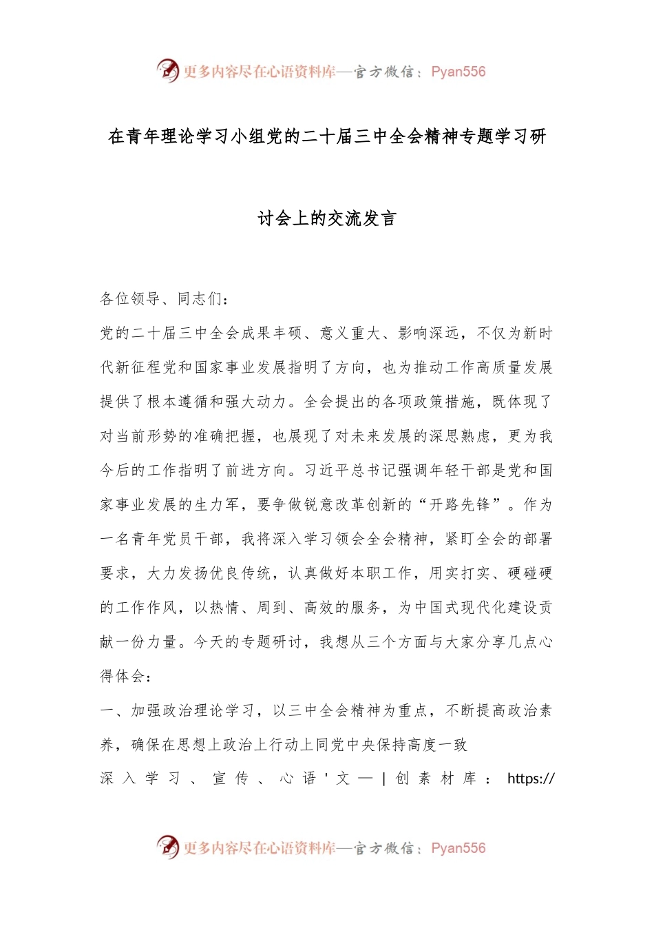 在青年理论学习小组党的二十届三中全会精神专题学习研讨会上的交流发言.docx_第1页