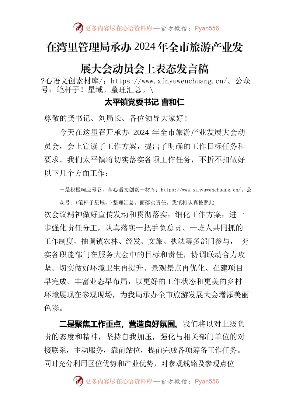 在湾里管理局承办2024年全市旅游产业发展大会动员会上表态发言稿.docx_第1页
