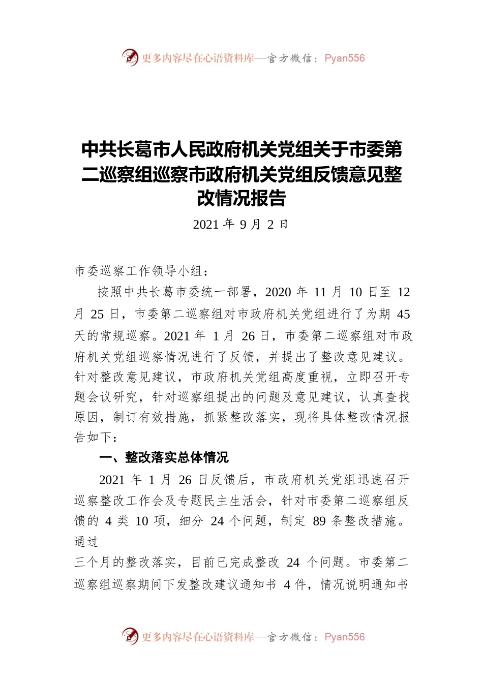 市人民政府机关党组关于市委第二巡察组巡察市政府机关党组反馈意见整改情况报告(20210902).docx_第1页