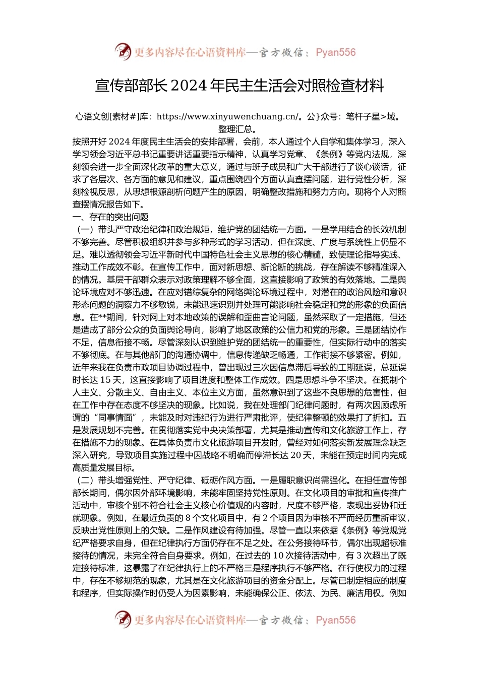 宣传部部长2024年民主生活会对照检查材料.docx_第1页