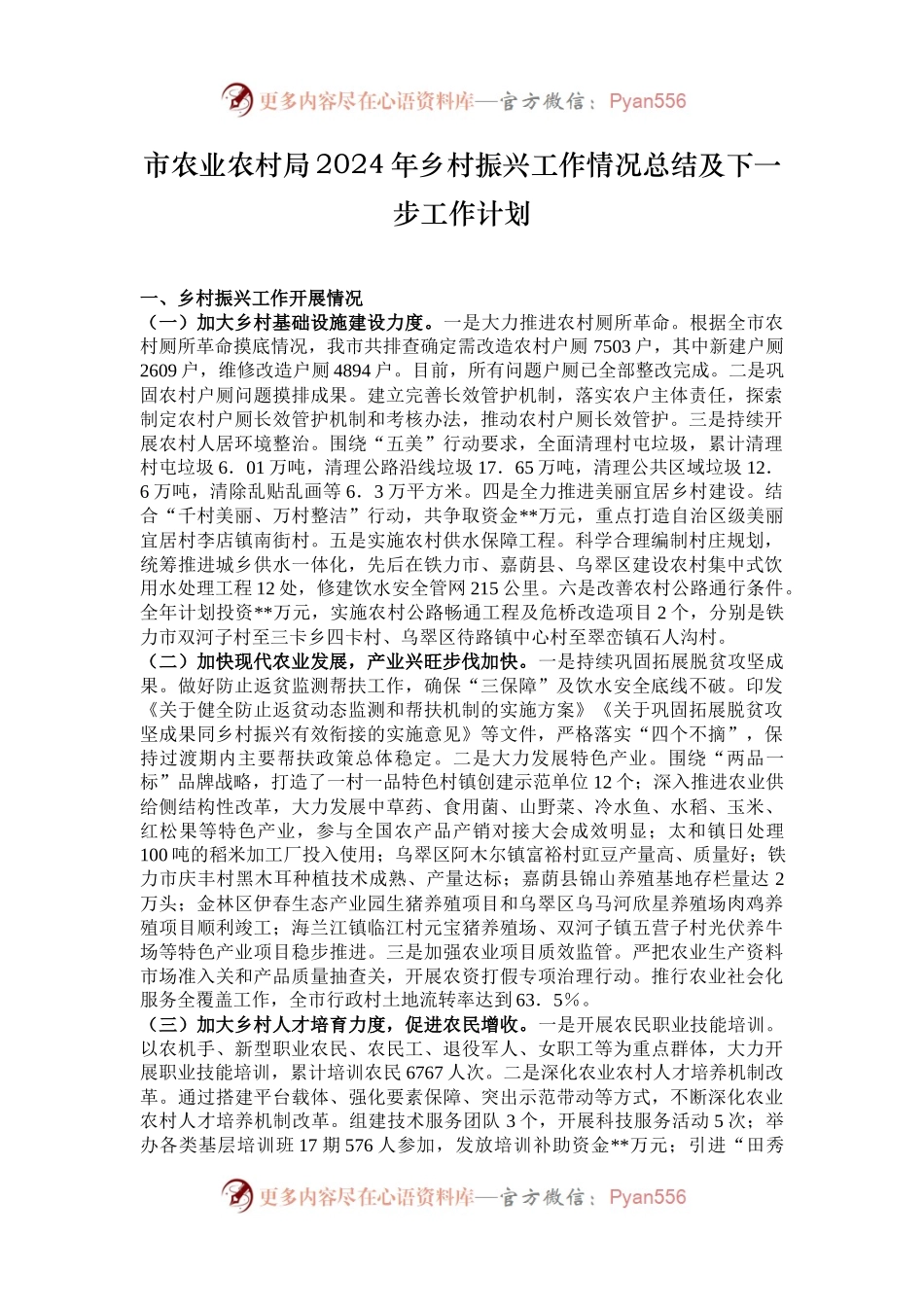 市农业农村局2024年乡村振兴工作情况总结及下一步工作计划.docx_第1页
