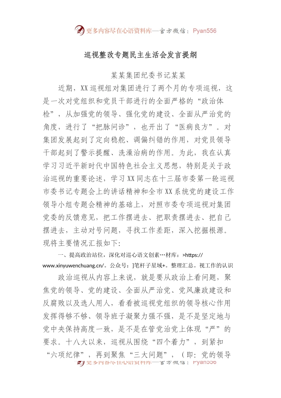 巡视整改专题民主生活会发言提纲.docx_第1页