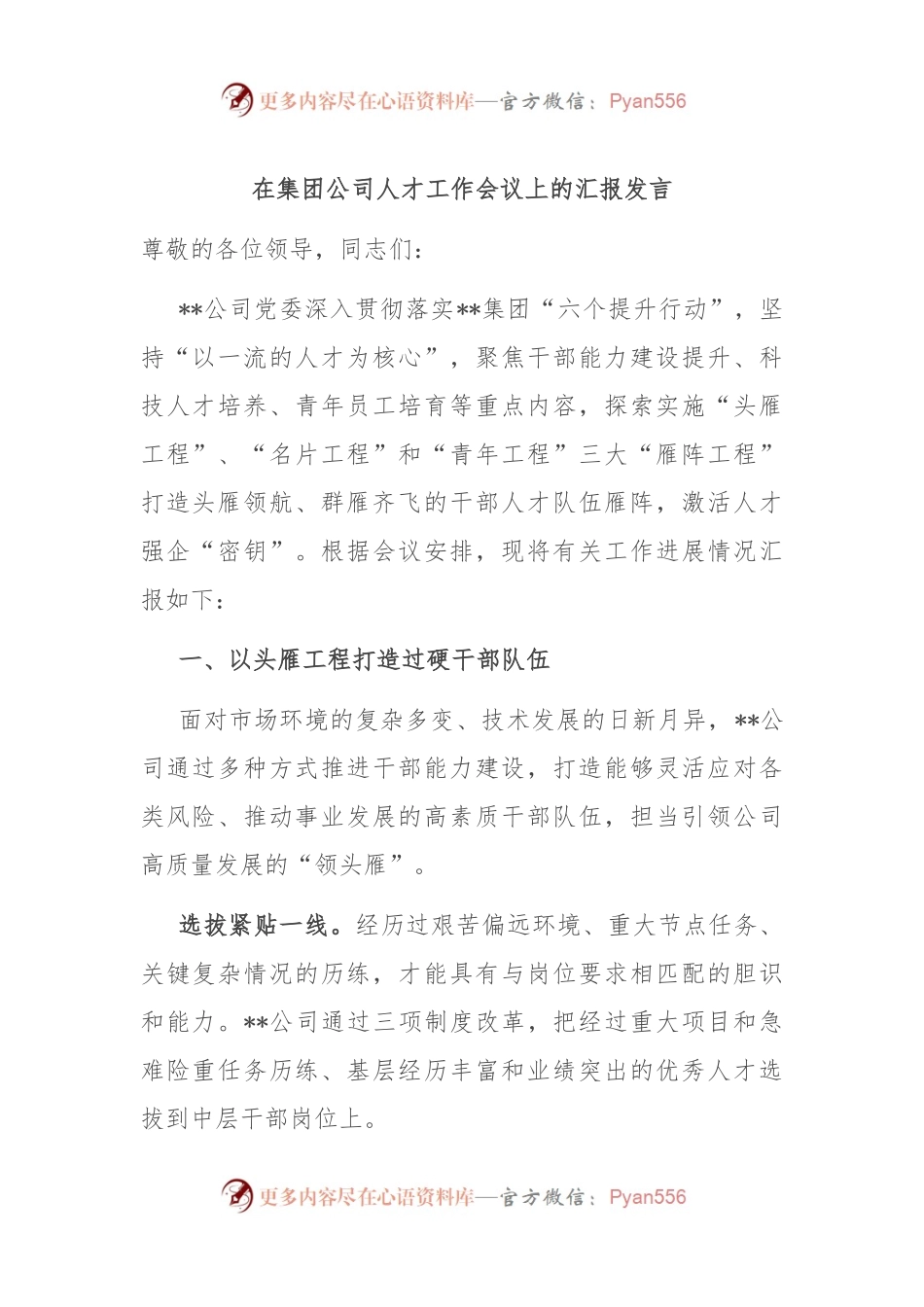 在集团公司人才工作会议上的汇报发言.docx_第1页