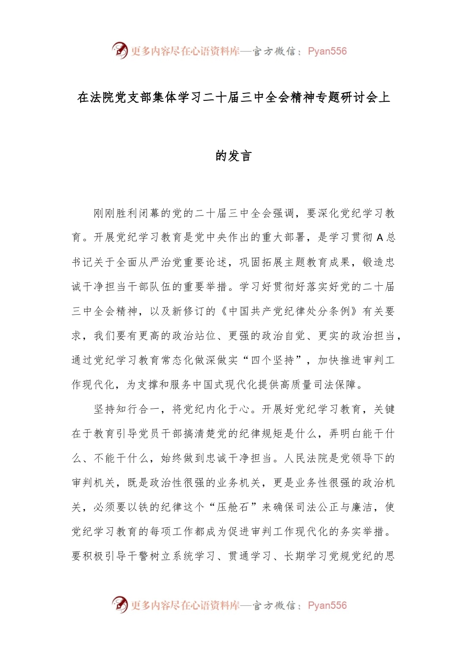 在法院党支部集体学习二十届三中全会精神专题研讨会上的发言.docx_第1页