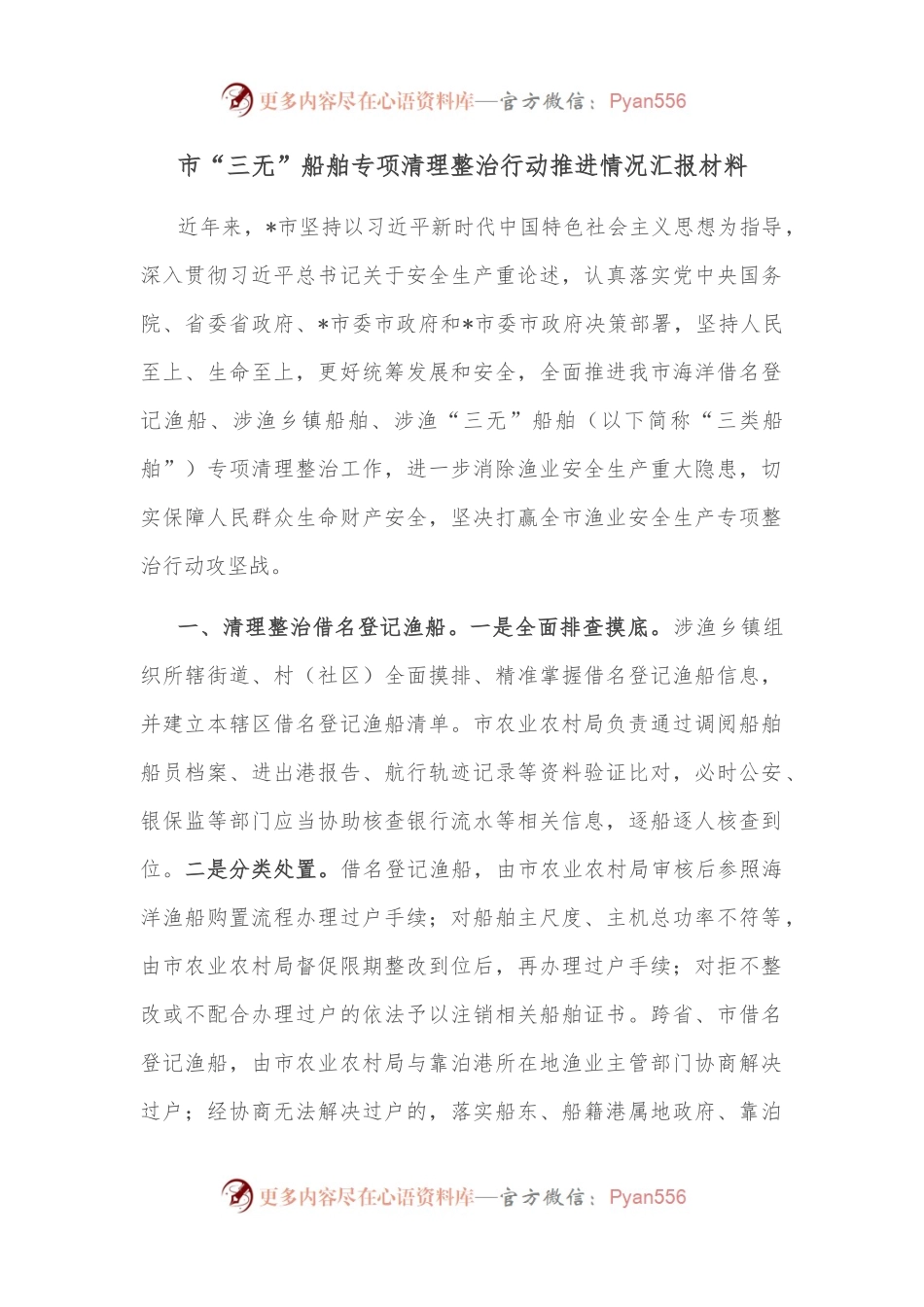 市“三无”船舶专项清理整治行动推进情况汇报材料.docx_第1页