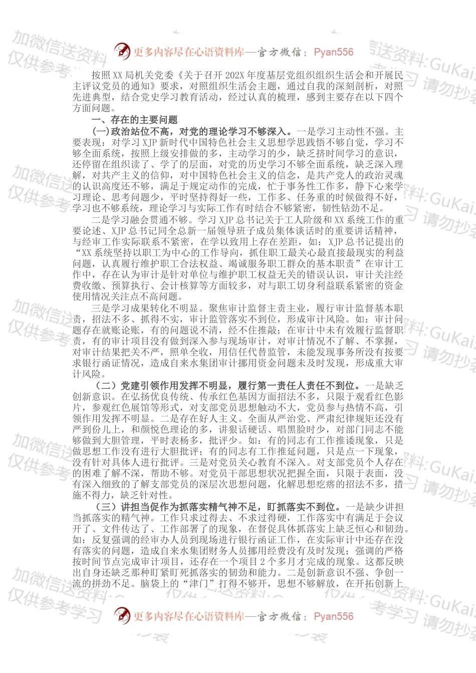 审计干部202X年度组织生活会四个方面个人对照检查发言材料.docx_第1页