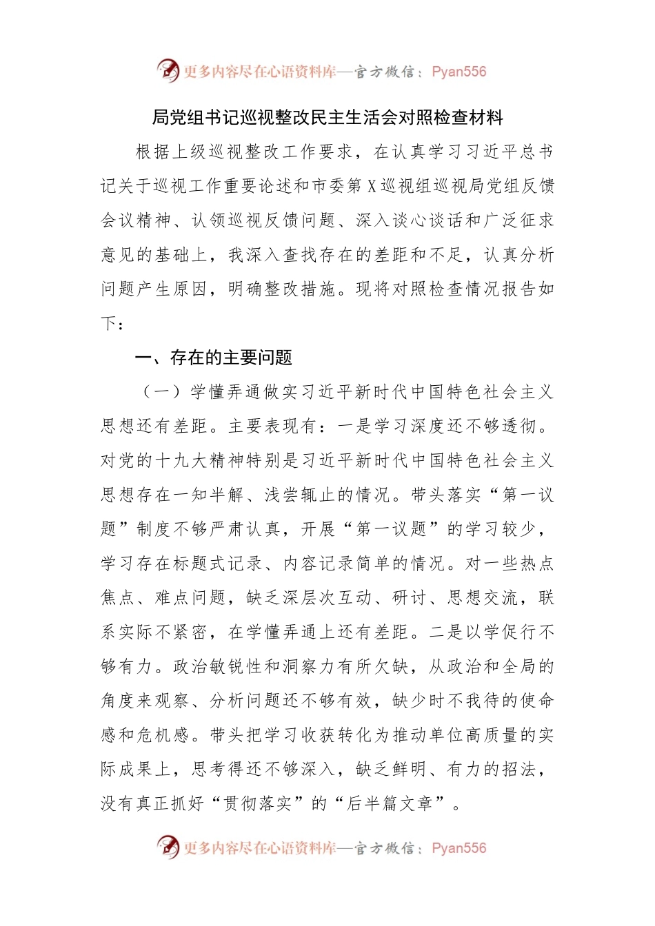 局巡视整改民主生活会对照检查材料.docx_第1页