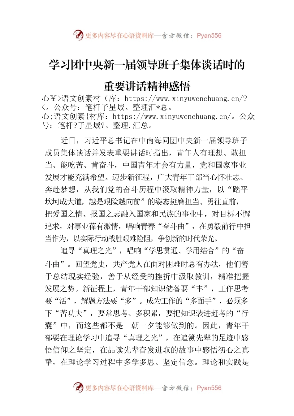 学习团中央新一届领导班子集体谈话时的重要讲话精神感悟.docx_第1页