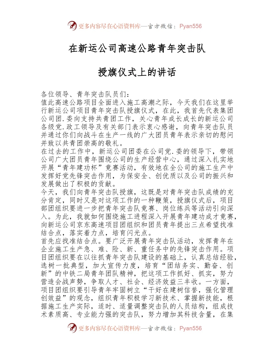 在新运公司高速公路青年突击队授旗仪式上的讲话.docx_第1页