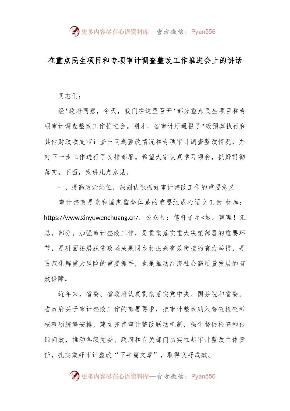 在重点民生项目和专项审计调查整改工作推进会上的讲话.docx_第1页