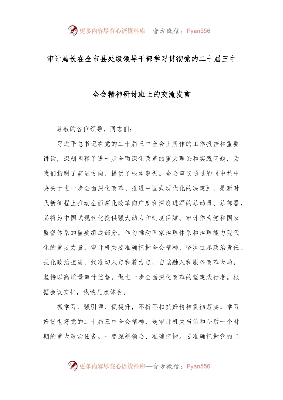 审计局长在全市县处级领导干部学习贯彻党的二十届三中全会精神研讨班上的交流发言.docx_第1页