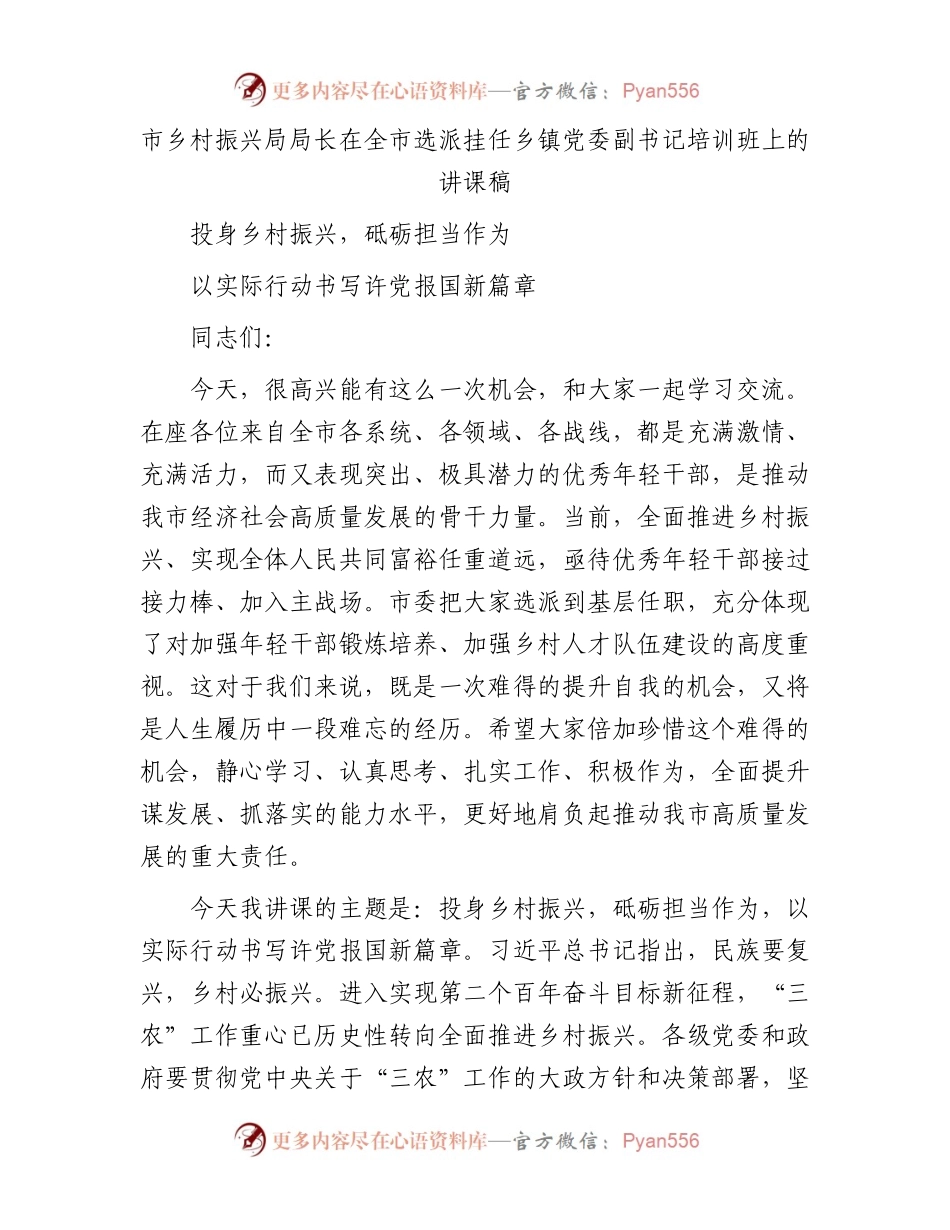 市乡村振兴局局长在全市选派挂任乡镇党委副书记培训班上的讲课稿.docx_第1页