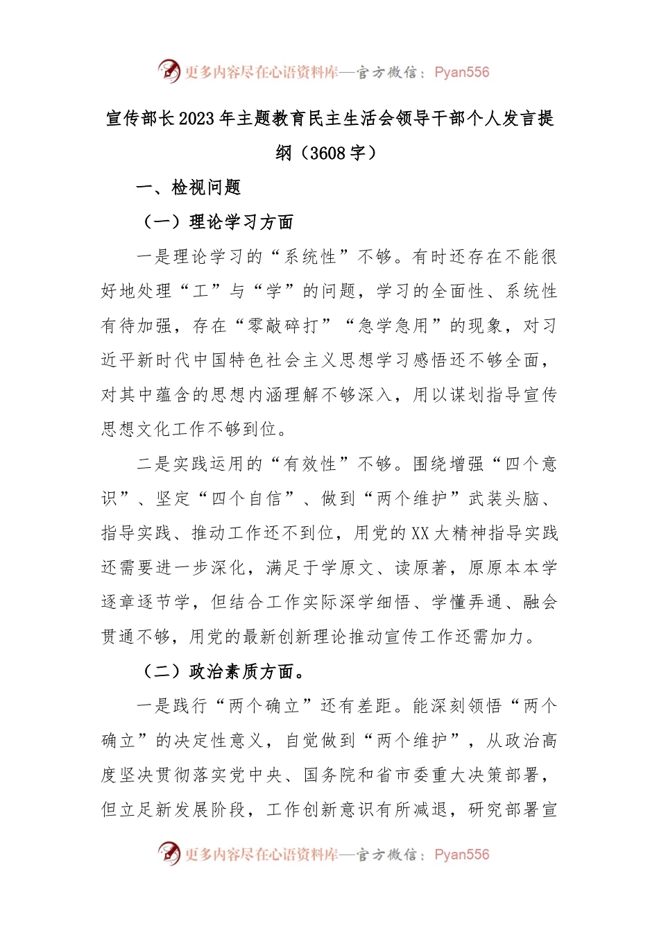 宣传部长2023年主题教育民主生活会领导干部个人发言提纲（3608字）.docx_第1页